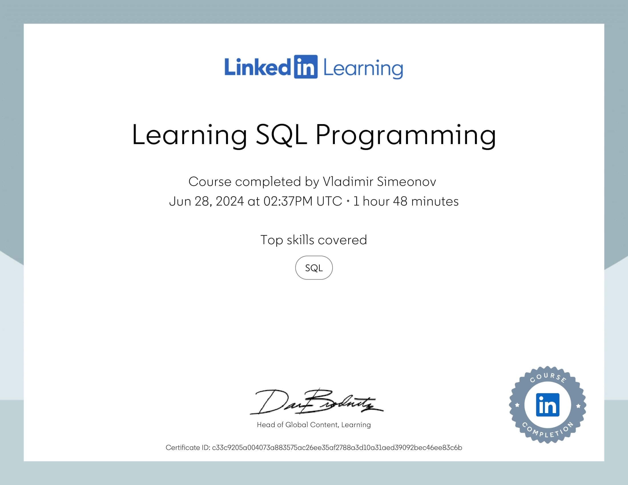 SQL Programming LinkedIn Certificate